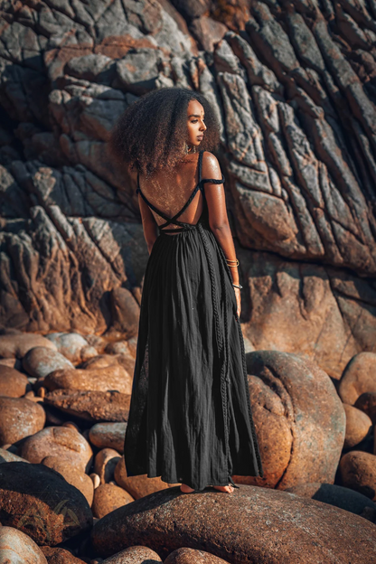 Black Braided Multi-Goddess Dress • Boho Summer Long Natural Handmade Dress • Boho Black Bridesmaid Dress