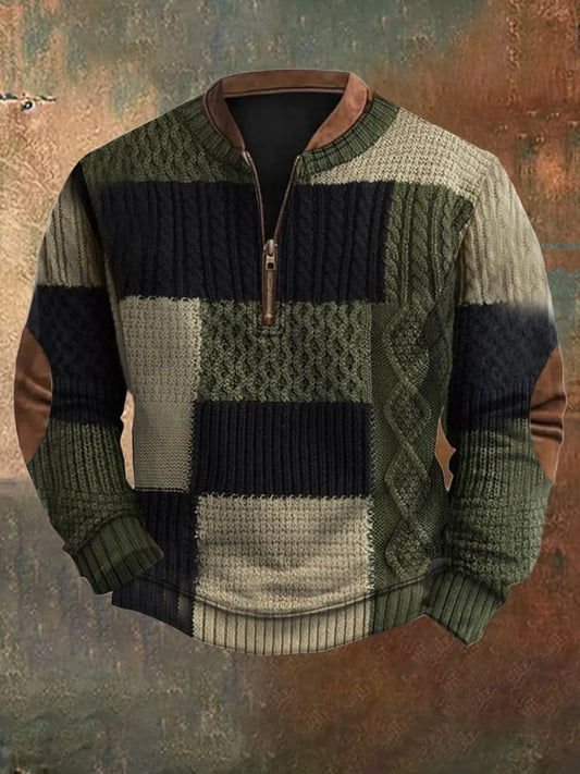 Men's Vintage Knit Print Zip-Up Sweatshirt