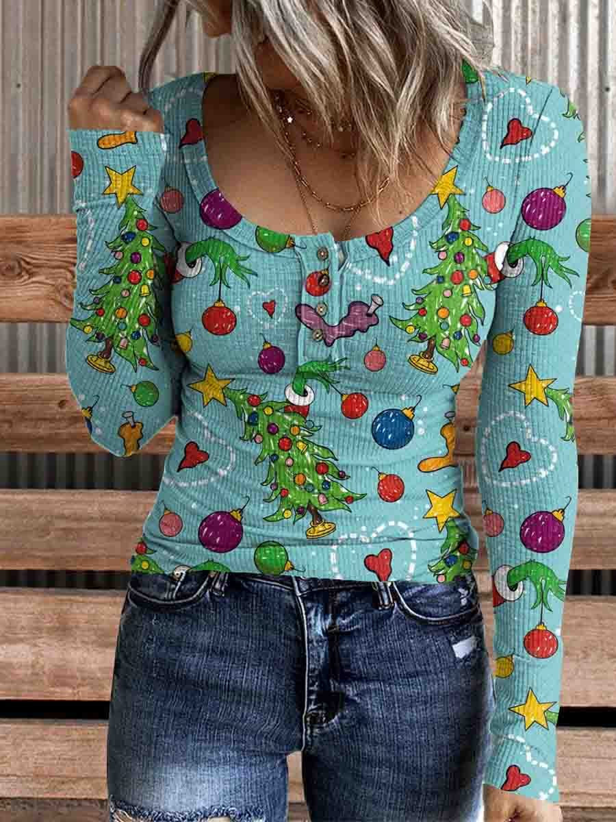 Women's Christmas Tree Print Comfortable Cotton Henley Shirt