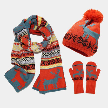 Unisex Christmas Hat, Scarf, Gloves, Warm Knitted Suit