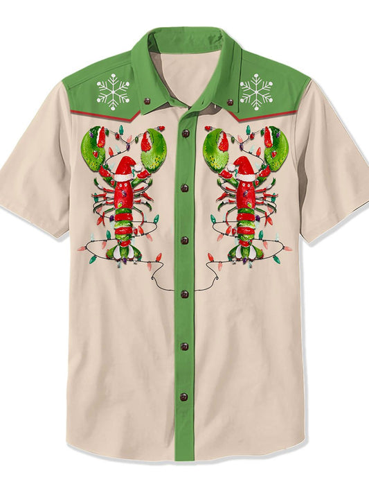 Vintage Christmas Lobster Art Print Casual 100% Cotton Shirt