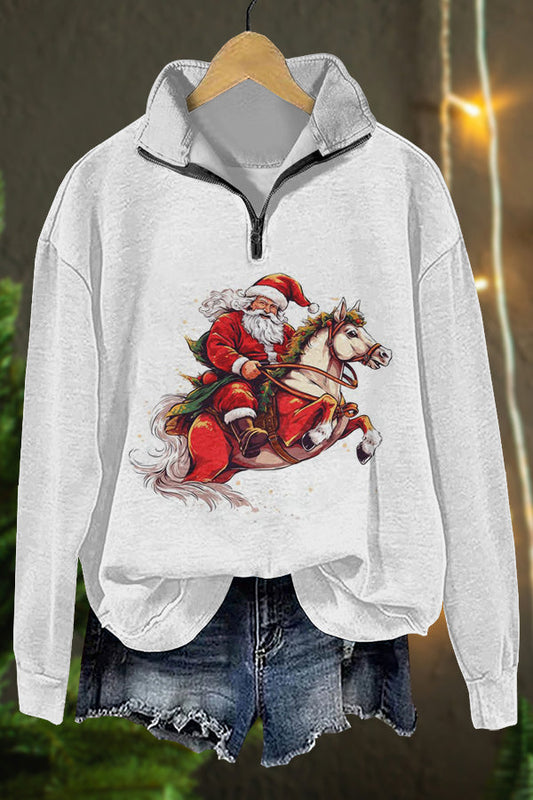 Ugly Christmas Santa Horse Racing Print Sweatshirt