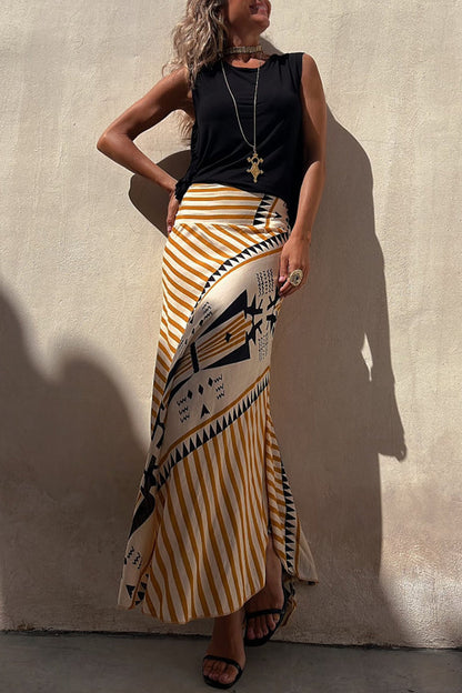 Eva Satin Geometric Print Elastic Waist Maxi Skirt