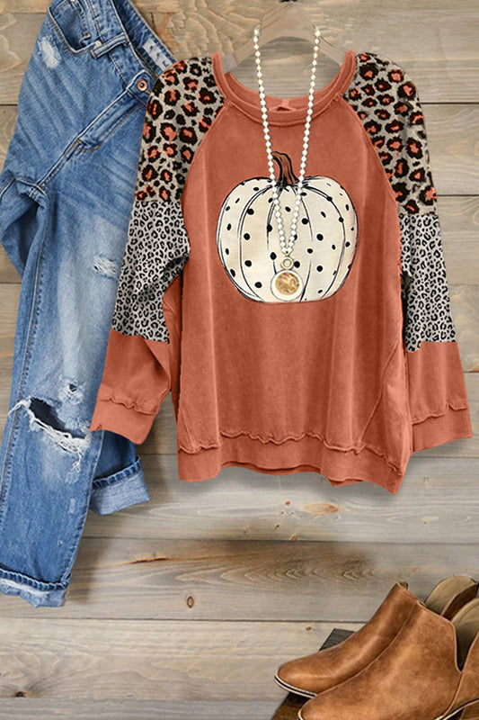 Casual Pumpkin Print Paneled Leopard Sweatshirt