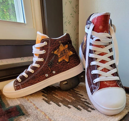 Vintage Wild West Cowboy Women__ high top canvas shoes