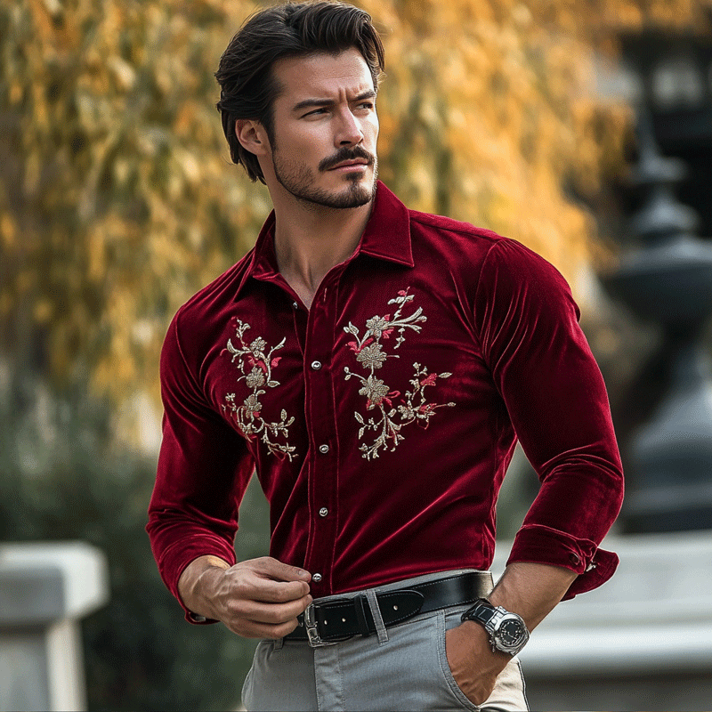 Men's Gentleman Regular Fit Crushed Flower Embroidery Rose Red Velvet Shirt