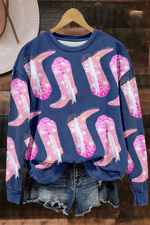 Shiny Western Cowboy Boots Print Sweatshirt