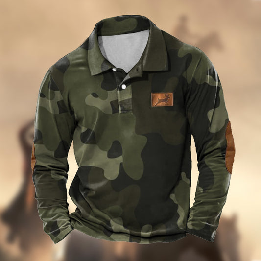 Men's Vintage Camouflage Polo Shirt Outdoor Elk Hunting Casual Long Sleeve Top