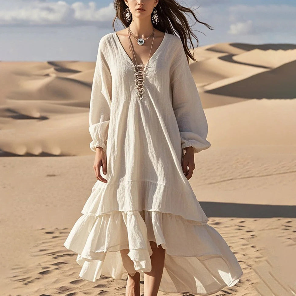 Women White Oversized Ruffles Cotton Long Dress