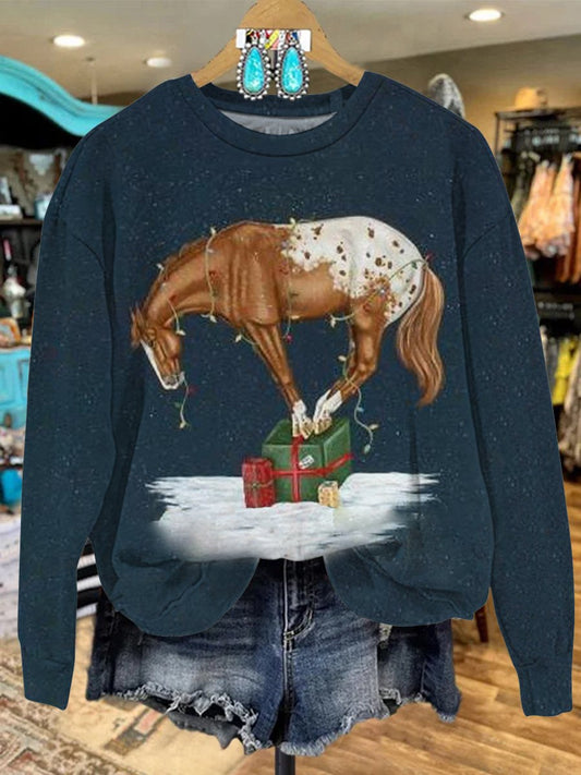 Vintage Merry Christmas Horse Print Casual Sweatshirt