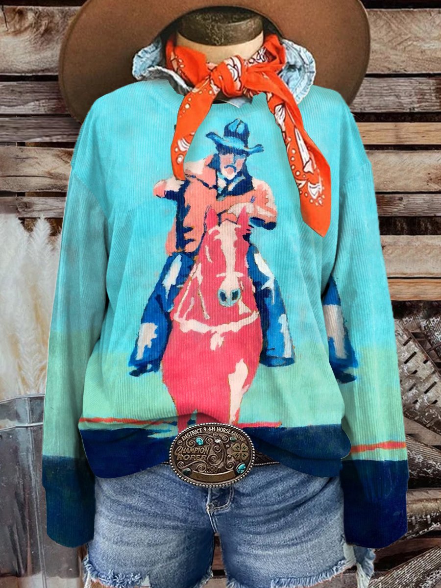 Women's Fashion Wild Cowboy Art Print Casual Print Corduroy Sweatshirt