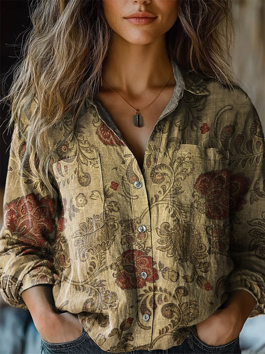 Women's Retro Ethnic Floral Print Casual Long Sleeve Comfortable Cotton Shirt