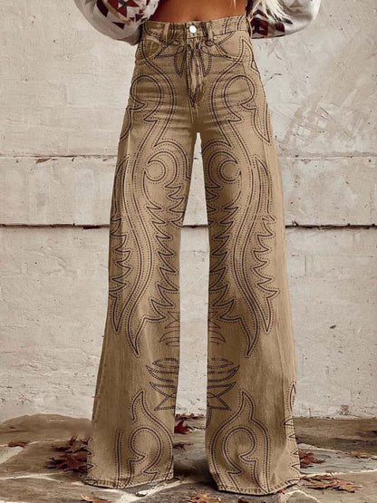 Women's Retro Rodeo Western Print Casual Wide Leg Pants