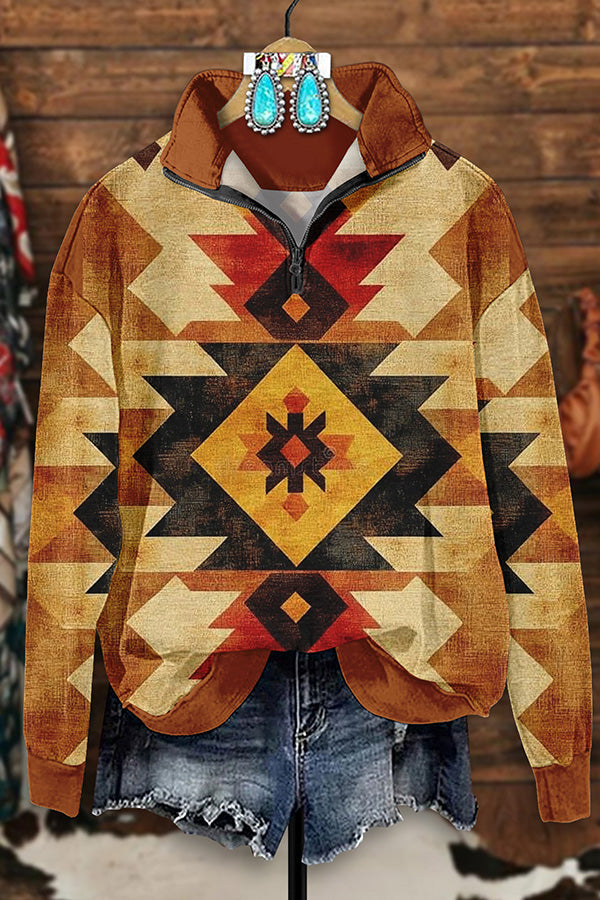 Vintage Western Aztec Print Zip-Up Sweatshirt