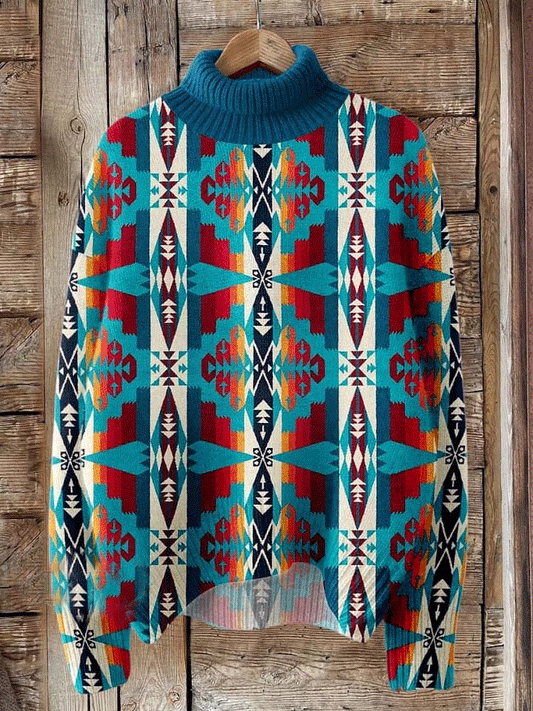 Blue Aztecs Print Knit Turtleneck Pullover Sweater