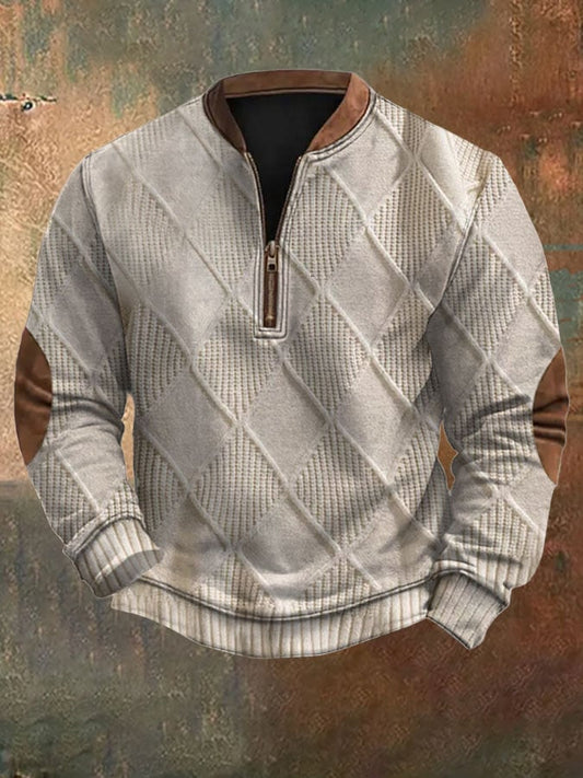 Men's Vintage Knit Print Zip-Up Sweatshirt