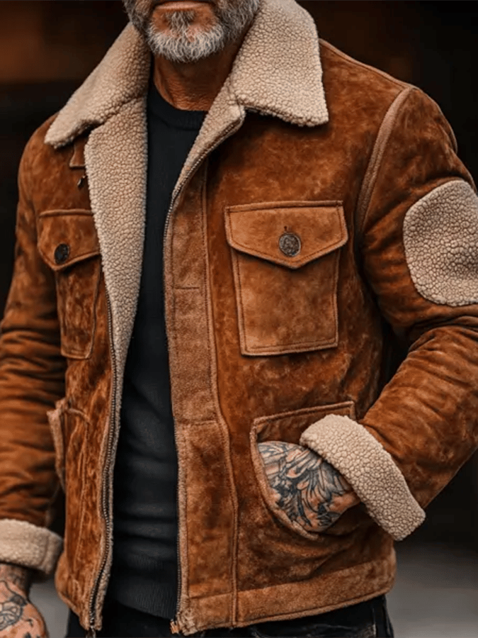 Men's Vintage Suede Patchwork Lamb Fleece Multi-Pocket Reverse Collar Outdoor Jacket