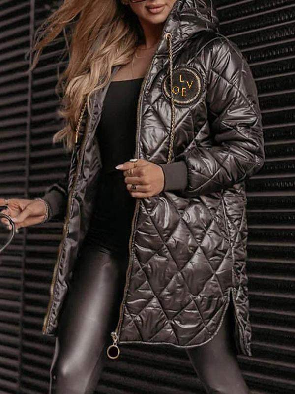 Women's Hooded Long-sleeved Diamond-patterned Casual Cotton Coat