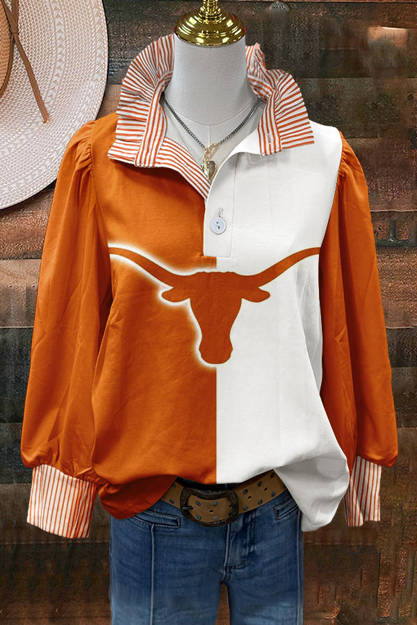 Western Longhorns Print Stripe Puff Sleeve Blouse