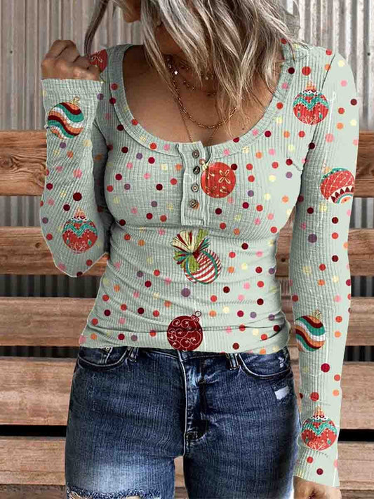 Women's Christmas Polka Dots Print Comfortable Cotton Henley Top