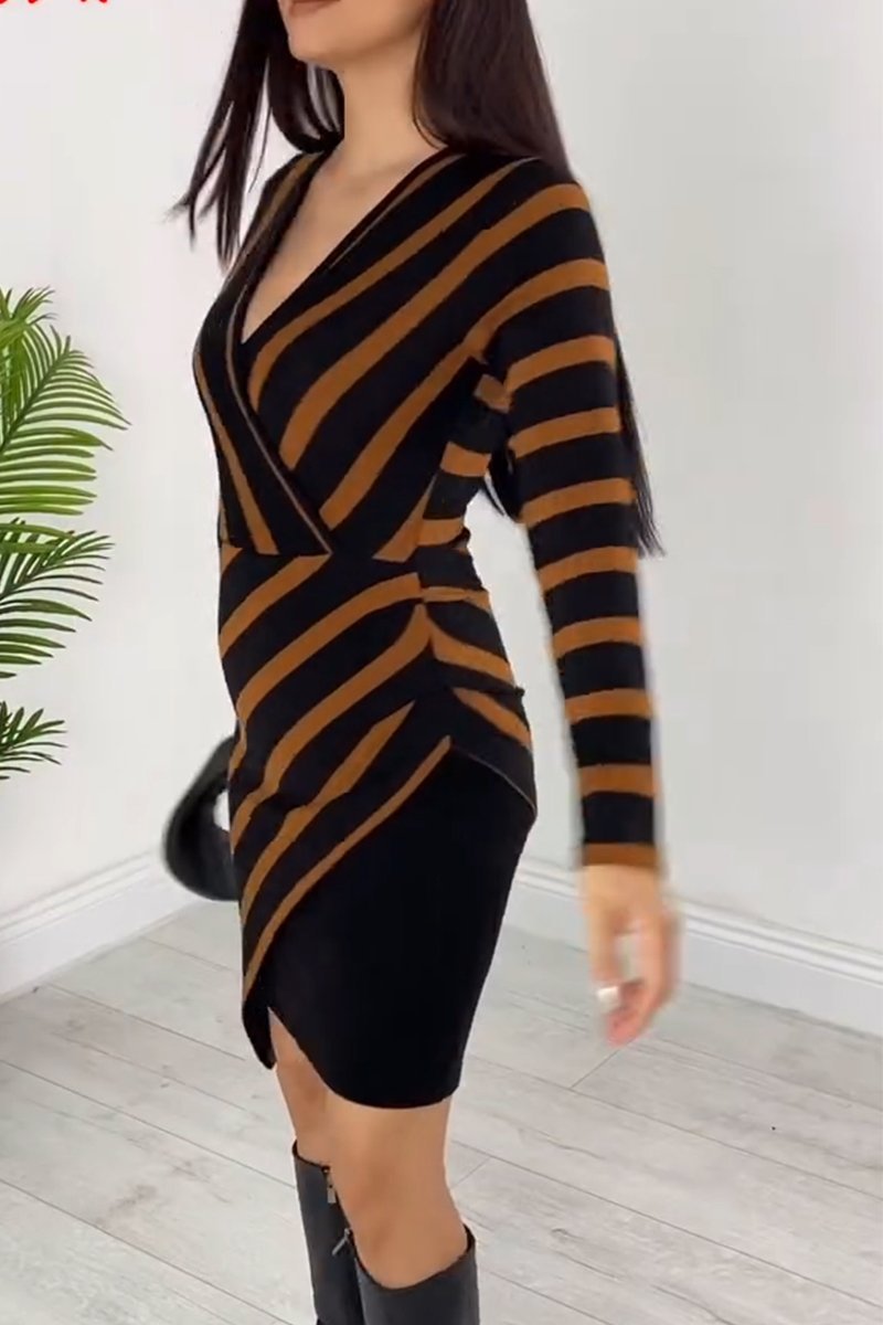 Women's elegant V-neck irregular hem contrast striped slim fit dress