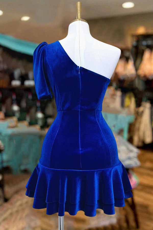 Pretty Ruffled One-Shoulder Velvet Dress