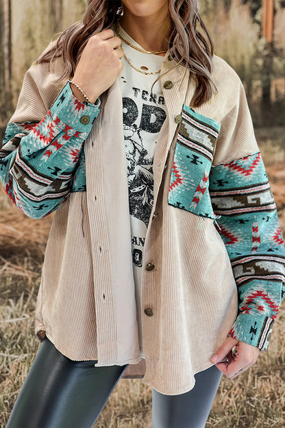 Aztec Printed Patchwork Pocket Corduroy Jacket