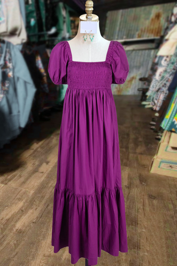 Solid Smocked Bodice Puff Sleeve Maxi Dress