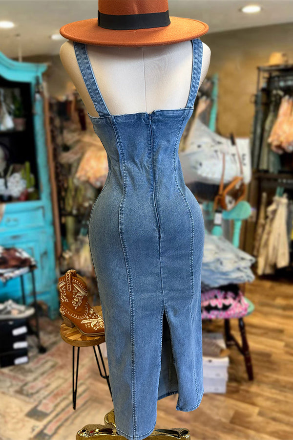 Vintage Scoop Back Denim Midi Dress