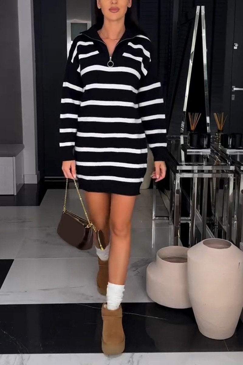 Women's Casual Lapel Striped Short Dress