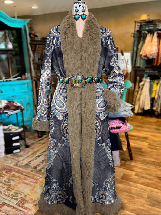 Women's Vintage Paisley Printed Fur Patchwork Suede Long Afghan Coat