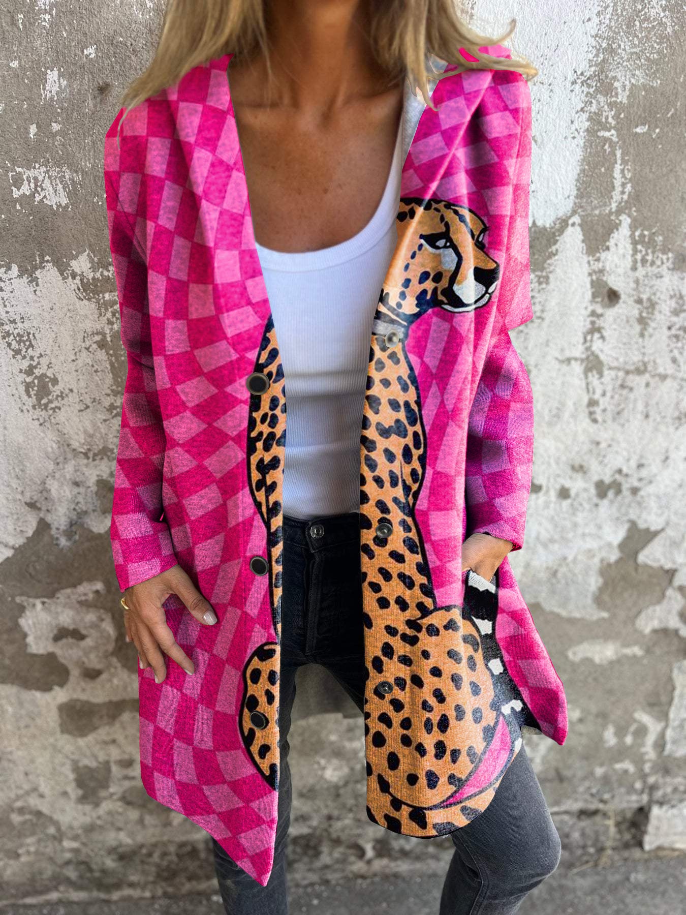 Leopard Check Art Print Long Sleeve Button Hooded Jacket