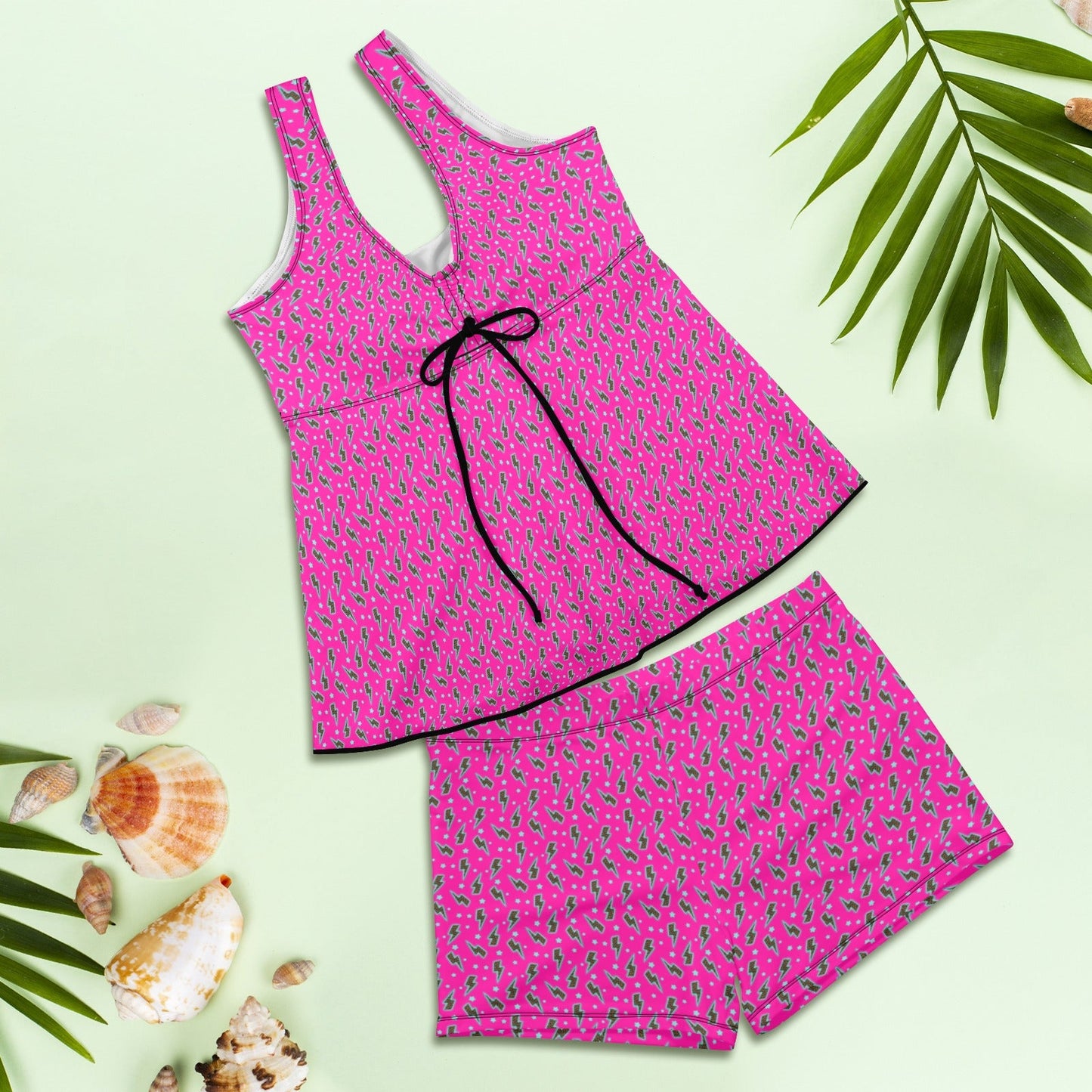 Hot PInk Lightning Bolt Tankini Boy Shorts Swim Set