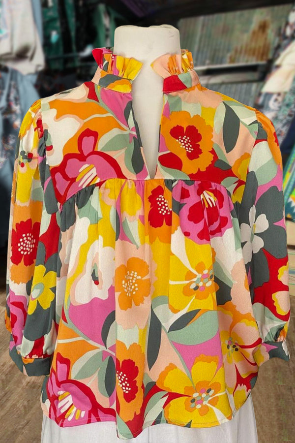 Colorful Floral Print Three Quater Sleeve Top