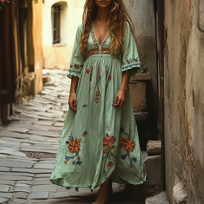 Women's Outdoor Vacation Bohemian Flower Embroidered Dress