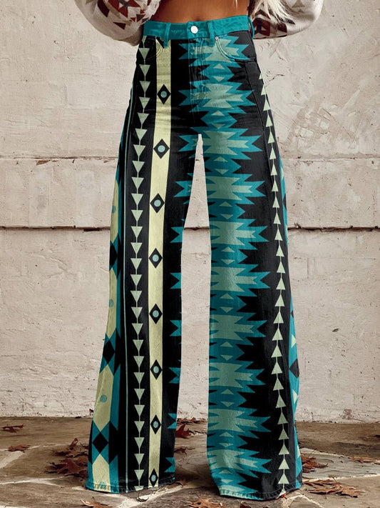 Women's Green and Black Aztac Geometry Print Casual Wide Leg Pants