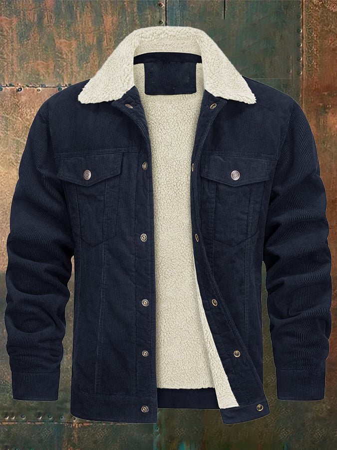 Men's Casual Fleece Lined Lapel Corduroy Trucker Jacket