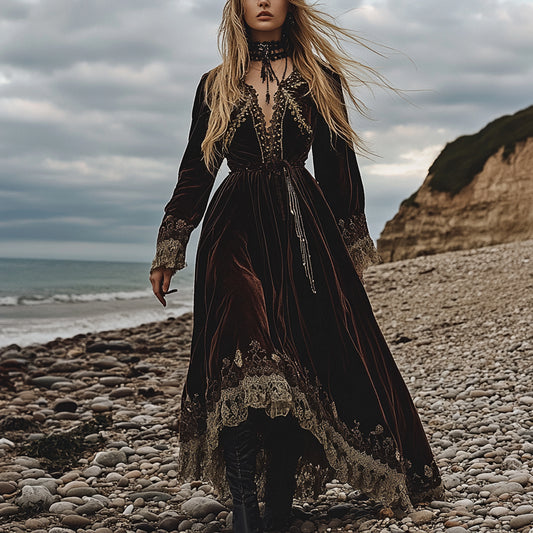 Breezy Bohemian Beach Vacation Autumn And Winter Velvet Ethnic Style Fluttering Dress