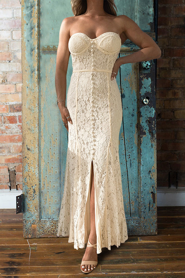 Beautiful Sweetheart Neckline Slit Strapless Lace Maxi Dress