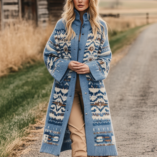 Women's Vintage Western Aztec Print Patterns Blue Long Sleeved Woolen Coat Jacket