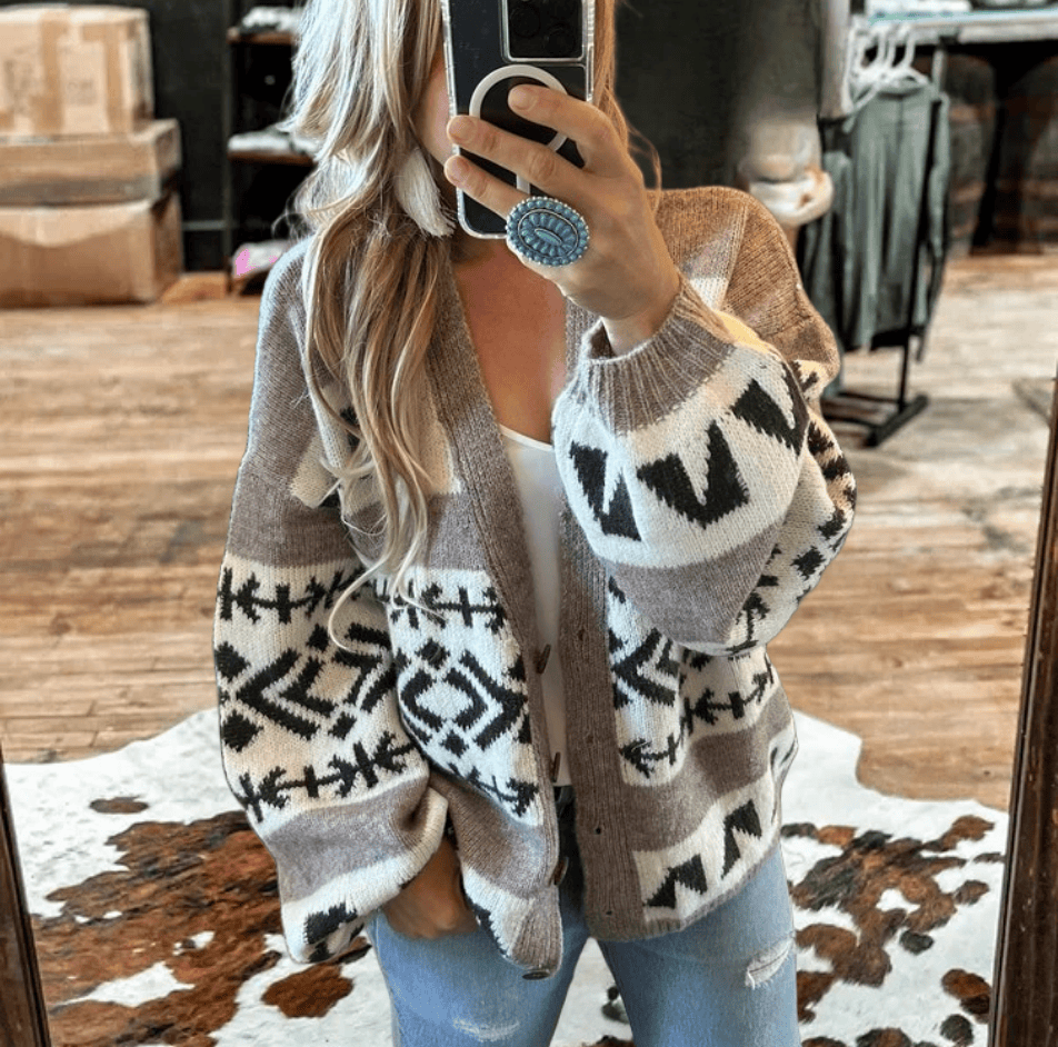 Western Aztec Printed Cardigan Sweater Coat