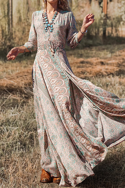 Beautiful Printed V-Neck Long Sleeve Maxi Dress