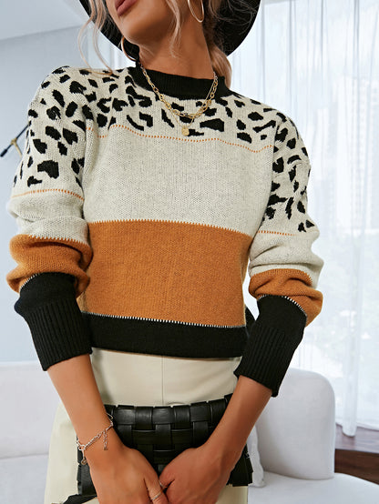 Women's Leopard Print Colorblock Round Neck Casual Sweater