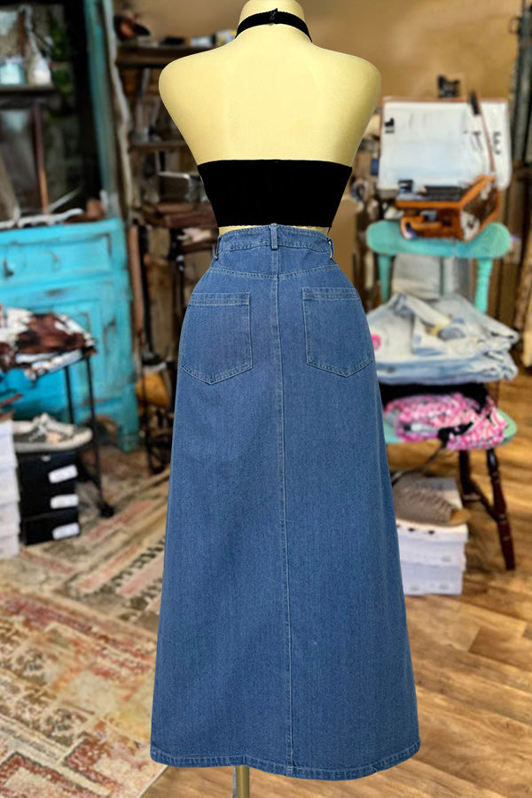 Vintage Washed High Waist Slit Denim Skirt-0520