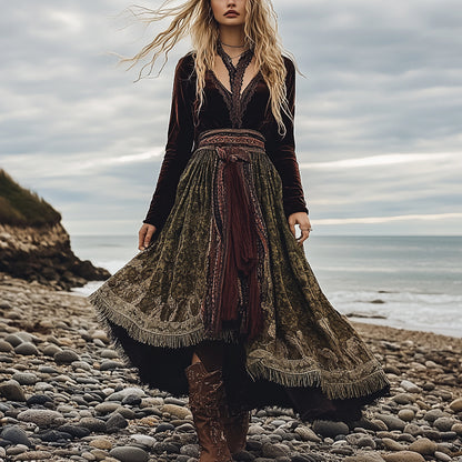 Breezy Bohemian Beach Vacation Autumn And Winter Velvet Ethnic Style Fluttering Dress