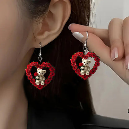 Elegant Valentine's Day Rose Bear Heart-shaped Earrings