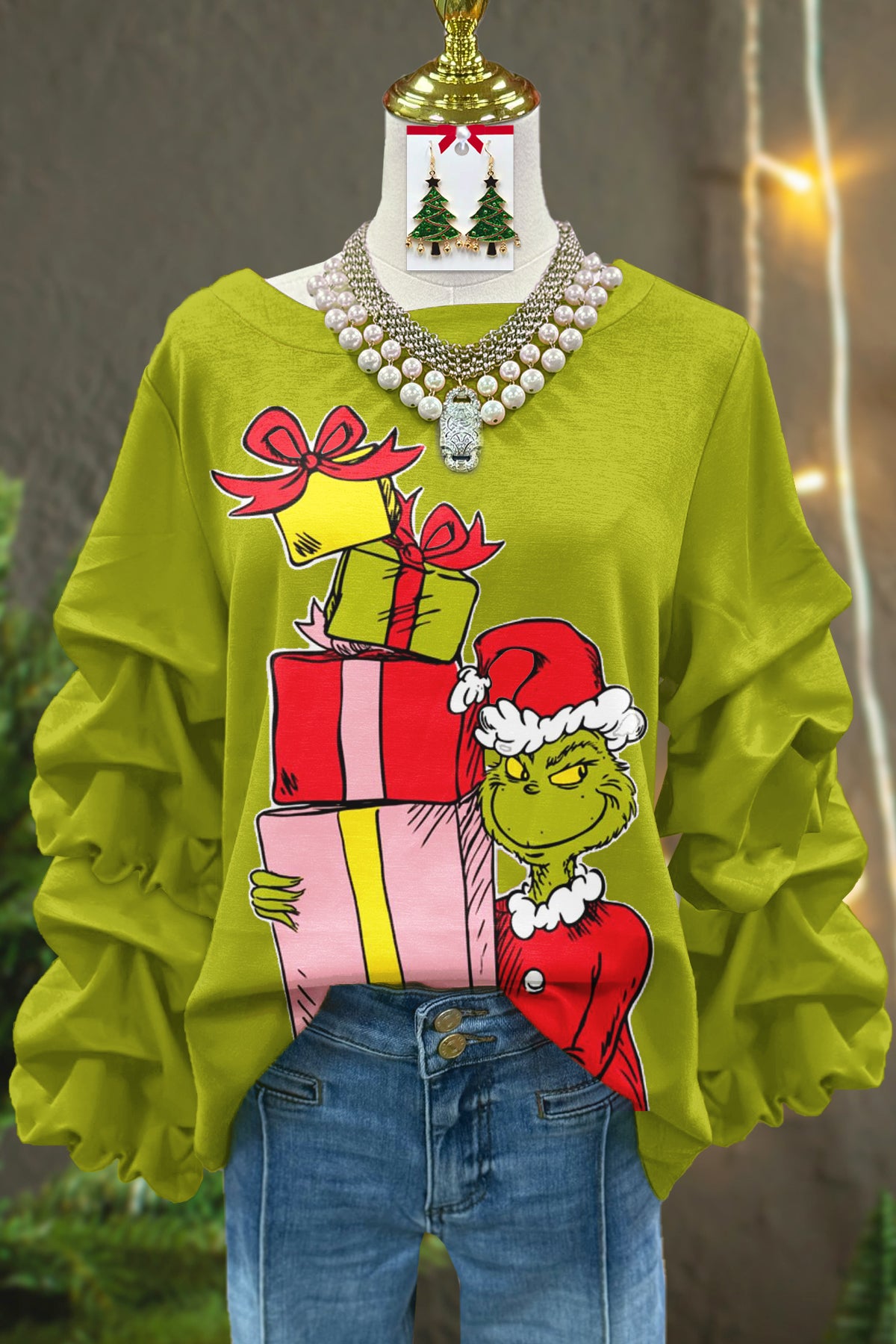 Fun Christmas Grinch Printed Pleated Sweatshirt