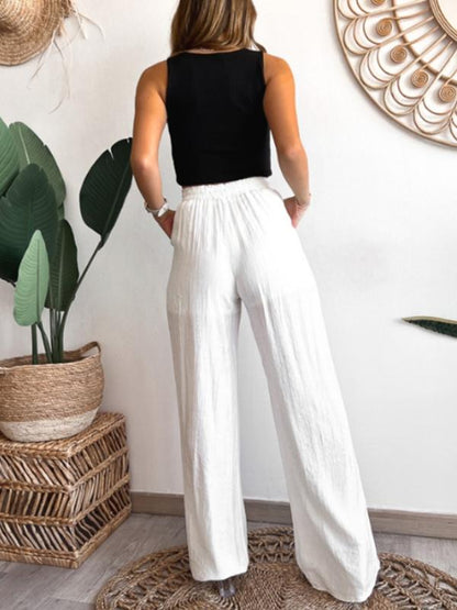 Women's Casual Stretch Drawstring Solid Color Wide Leg Pants