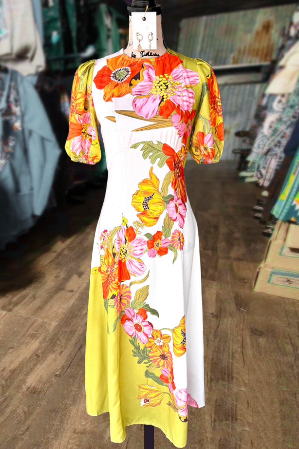 Colorful Floral Print Puff Sleeve Maxi Dress