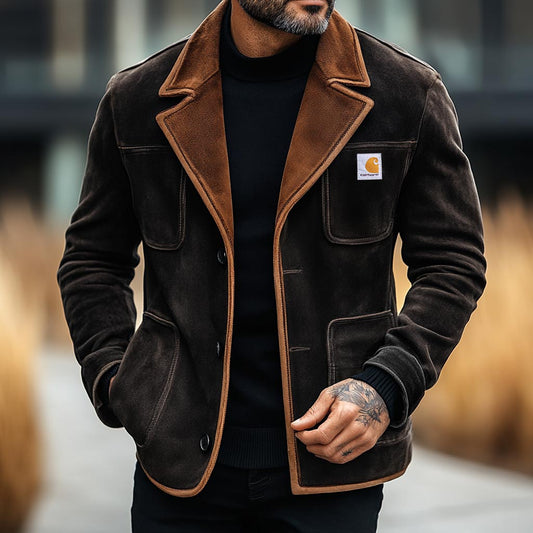 Men's Vintage Suede Multi-Pocket Fleece Lapel Collar Outdoor Layer Jacket